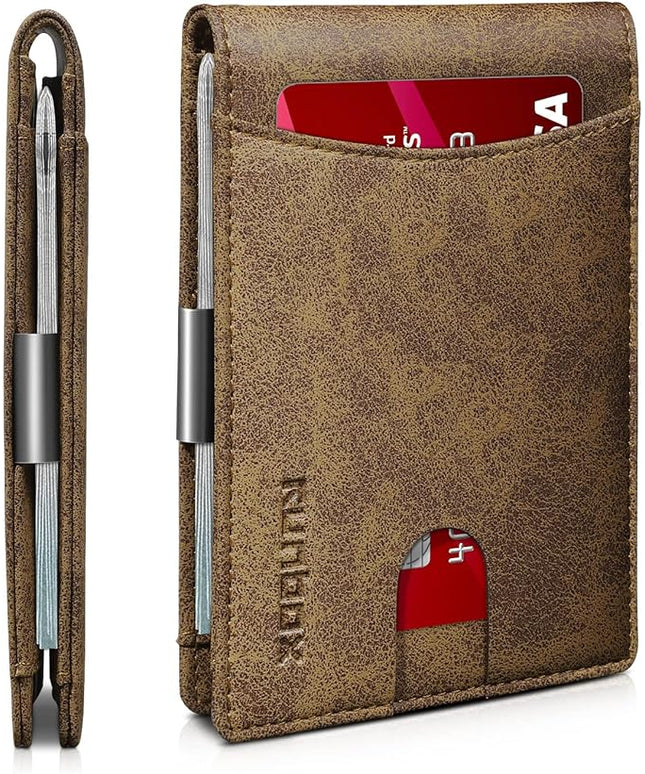 RUNBOX Slim Money Clip Wallets for Men RFID Blocking 11 Card Holder Minimalist Small Leather Bifold Men's Front Pocket Wallet Gift Box
