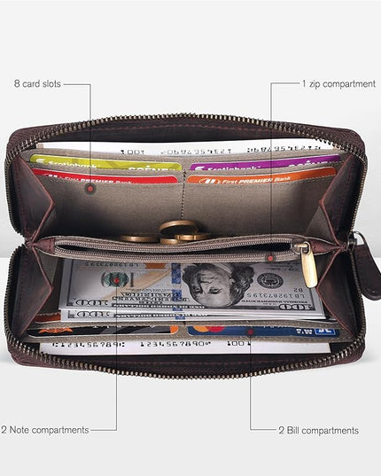Oak Leathers Brown Leather Wallet for Women - RFID Womens Wallet Clutch with 8 Credit Card Holder, Coin Pocket