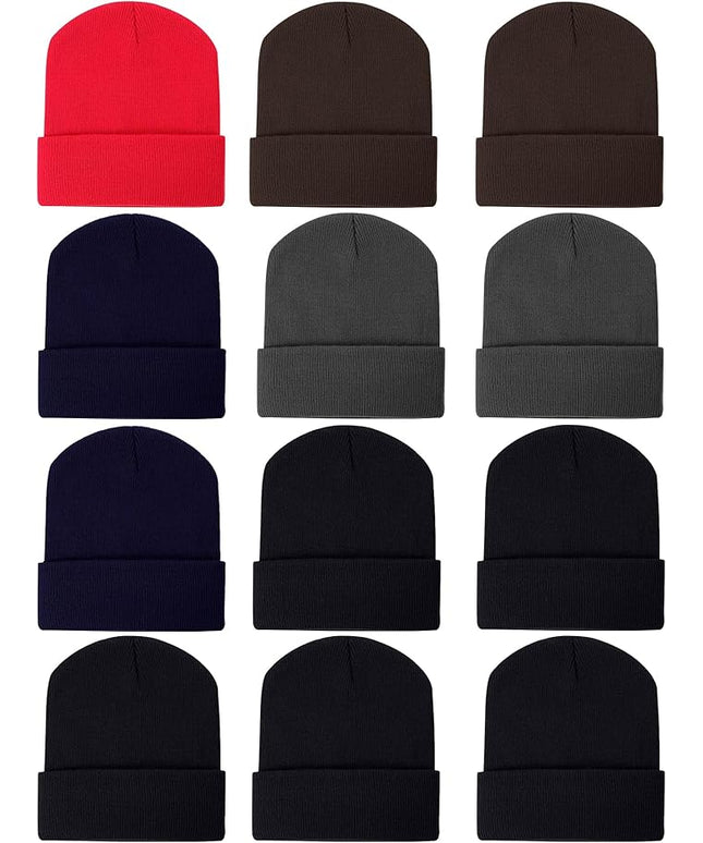Zhanmai 12 Pack Small Winter Beanie Hats Bulk Warm Knitted Cuffed Skull Cap for Men Women