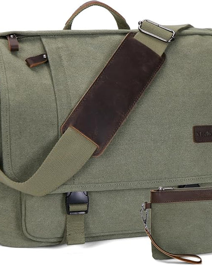 Nerlion Messenger Bag for Men 17-17.3 Inch Laptop Bag Canvas Water-resistant Computer Bag Shoulder Bag Work Briefcase Bookbag for College (Green)