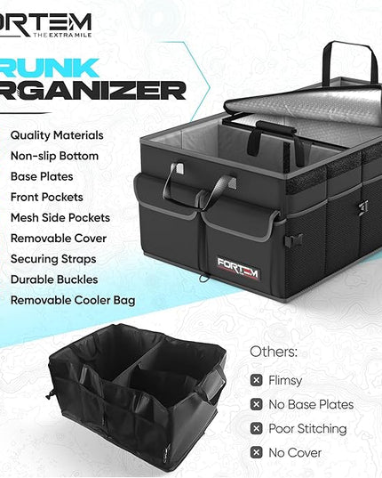 FORTEM Trunk Organizer with Cooler For SUV Car Trunk, Foldable Storage, Car Accessories for Women Men, Collapsible Bag, Perfect Christmas Gifts, 600D Oxford, Non Slip Bottom, Straps, Soft Cover (105L)
