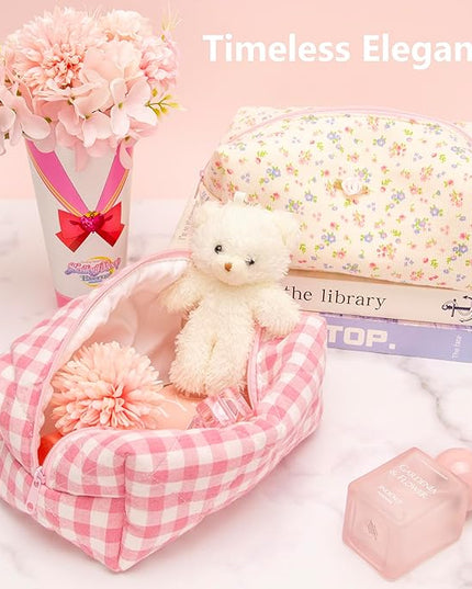 PAZIMIIK Cozy Makeup Bag Travel Cosmetic Bag for Women Soft Toiletry Bag Aesthetic Makeup Organizer Portable Large Zipper Pouch for Skincare Beauty Accessories Brushes Pink Checkered