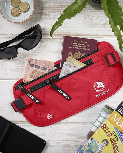 VENTURE 4TH Money Belt for Travel – Hidden Under-Clothes RFID Blocking Passport Holder & Slim Travel Wallet Pouch for Men & Women to Protect Cash, Cards & Documents (Red)