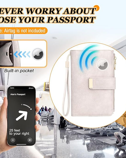 HUANLANG Passport Holder with Airtag for Women/Men, Airtag Passport Wallet for Travel Leather Passport Holder RFID Blocking,Travel Passport Walelt with Credit Card Holder