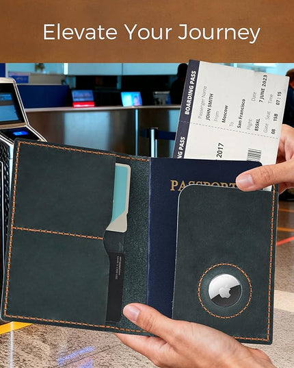 Passport Holder for Travel, Genuine Leather Passport Holder with Airtag, Rfid Passport Wallet Cover Case for Women Men, Travel Essentials Gift, Blue