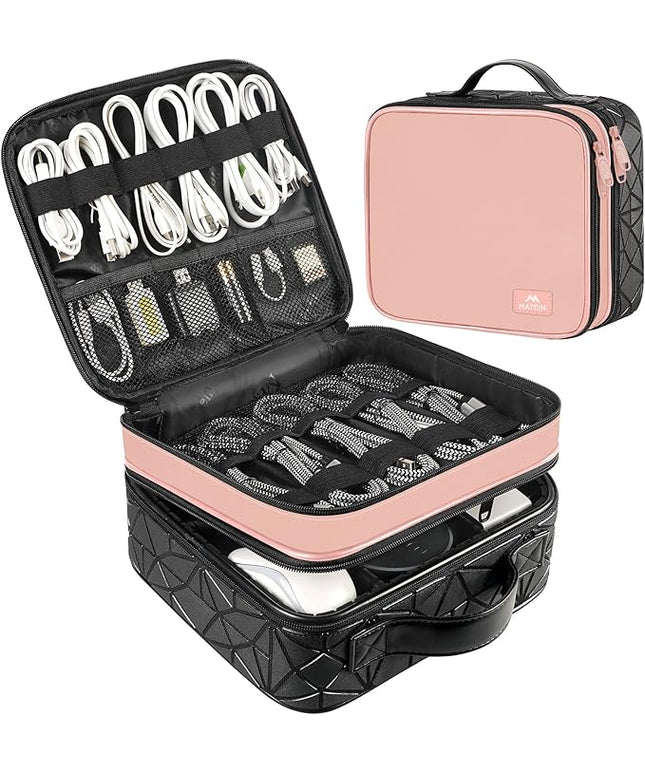 MATEIN Cord Organizer Case with Adjustable Divider, DJ Cable File Bag for DJ Gear, Sound Instrument and Music Equipment Accessories, Shockproof Portable Double Layer Cord Bags, Pink