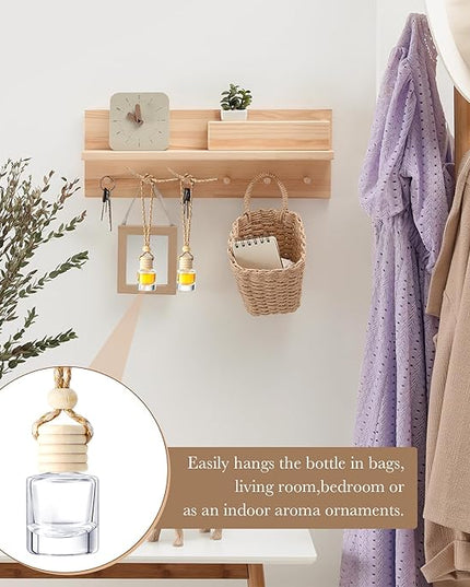BBTO 200 Pcs Hanging Car Diffuser Bottles Bulk, Empty Clear Glass Air Freshener Bottles with Wooden Cap for Perfume Essential Oils Fragrance Aromatherapy Ornament(Cylinder)