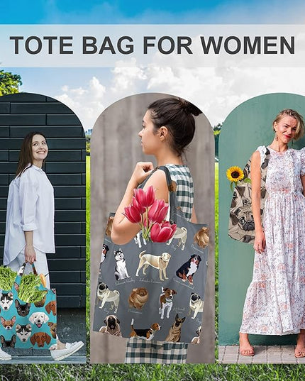 BeeGreen Cute Dog Cloth Gift Bags - Reusable Grocery Bag with Handles Foldable Washable 6 Pack - Extra Large Heavy Duty Tote Bag for Groceries (Bulk Holiday Packable Travel) - Shopping Bags for Women