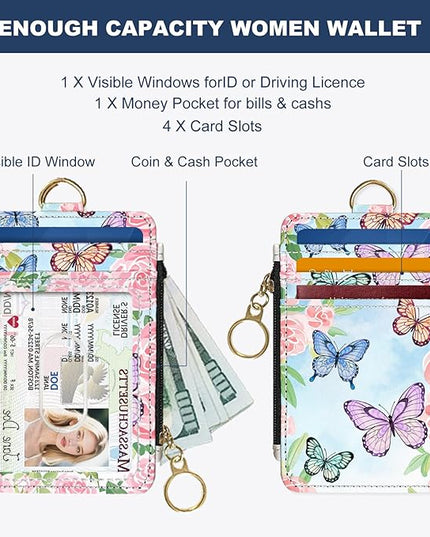 Slim Wallet Credit Card Holder, Butterflies and Flowers, RFID Wallet Women Cute Small Front Pocket Wallet With Zipper, PU Leather Thin travel RFID Blocking Card Case ID Window,Ladies Gifts