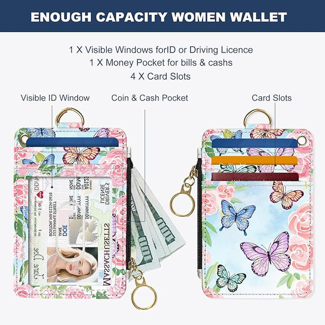 Slim Wallet Credit Card Holder, Butterflies and Flowers, RFID Wallet Women Cute Small Front Pocket Wallet With Zipper, PU Leather Thin travel RFID Blocking Card Case ID Window,Ladies Gifts