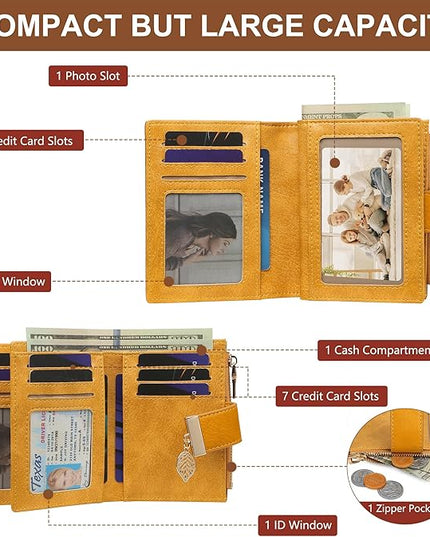 yiijay Small Wallet Women RFID Blocking Leather Bifold Wallet Credit Card Holder for Women Ladies Compact Wallet Mini Purse With Zipper Pocket