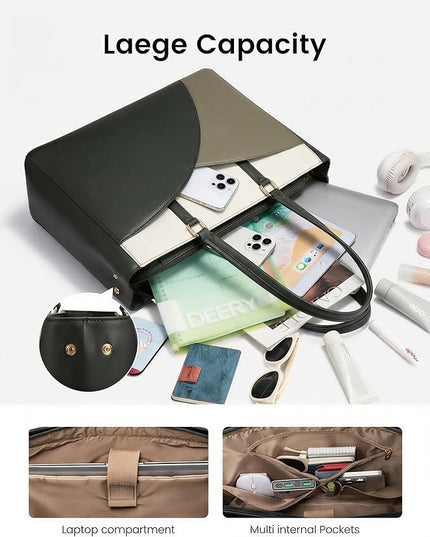 LOVEVOOK Laptop Bag for Women,16 Inch Work Teacher Bags Leather Tote Bag Briefcase Waterproof Computer Bag for Women，White and Green