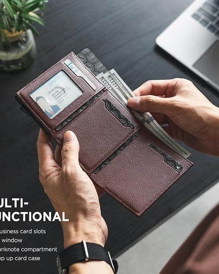 VULKIT Pop up Card Wallet Minimalist Cash Wallets RFID Blocking Leather Smart Credit Card Holder with ID window for Men