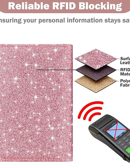 HOTCOOL Passport Holder Travel Essentials Airplane & Cruise Essentials Ship Leather Wallet Cover Case RFID Blocking Women & Men Vacation Travel Accessories Gifts Deals, Glitter - Pink