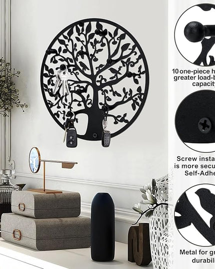ZULONG Round Decorative Home Key Holder Wall Mount, 2 Pack Metal Tree Car Key Rack for Wall Organizer for Keys, Wallets, Hats, Used for Decor for House Entryway, Kitchen, Garage, Office (12" Black)