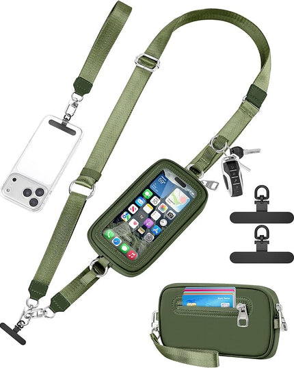 SHANSHUI Clip and Go Phone Strap Wallet Crossbody Phone Lanyard, Detachable Wristlet Strap with Zipper Phone Screen ID Window, 2 Pcs Metal Tether Pads Compatibe for iPhone & Most Smartphones Green