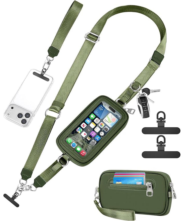 SHANSHUI Clip and Go Phone Strap Wallet Crossbody Phone Lanyard, Detachable Wristlet Strap with Zipper Phone Screen ID Window, 2 Pcs Metal Tether Pads Compatibe for iPhone & Most Smartphones Green