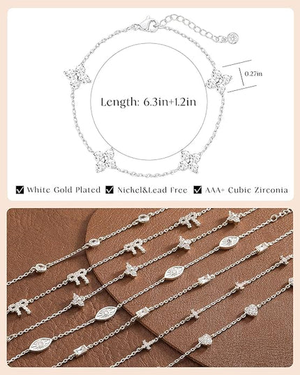 FUNEIA Dainty Silver Gold Bracelets for Women Trendy Non Tarnish 14K Gold Plated Waterproof Diamond Bracelets Cute Stackable Heart Butterfly Clover Cross Evil Eye Charm Bracelet Stack Jewelry Gifts