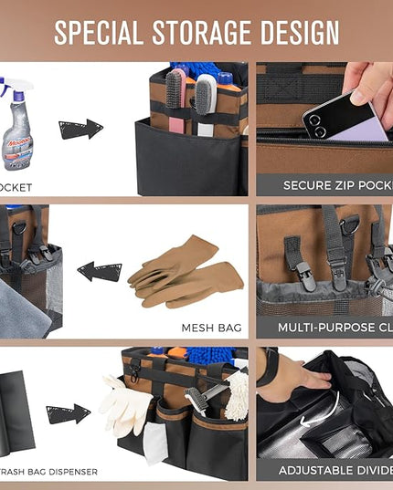 Wearable Cleaning Caddy, Cleaning Caddy Supplies Organizer with Handle & Shoulder Straps for Housekeepers, Under Sink & Car Cleaning Tool Organizers Bag with 4 Foldable Divider (Brown)