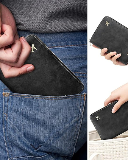 defway Passport Holder Travel Wallet - RFID Passport Holder, Zip Closure Card Cover, PU Leather Travel Wallet, RFID Blocking Secure Document Organizer Travel Essentials (Black)
