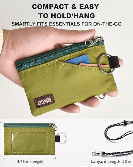 RFID Travel Wallet with Adjustable Lanyard-Zipper Small Wallet with ID Card Holder, Keychain for women&men-Minimalist Slim Waterproof Nylon case for ID, Cash, Key (Olive Green)