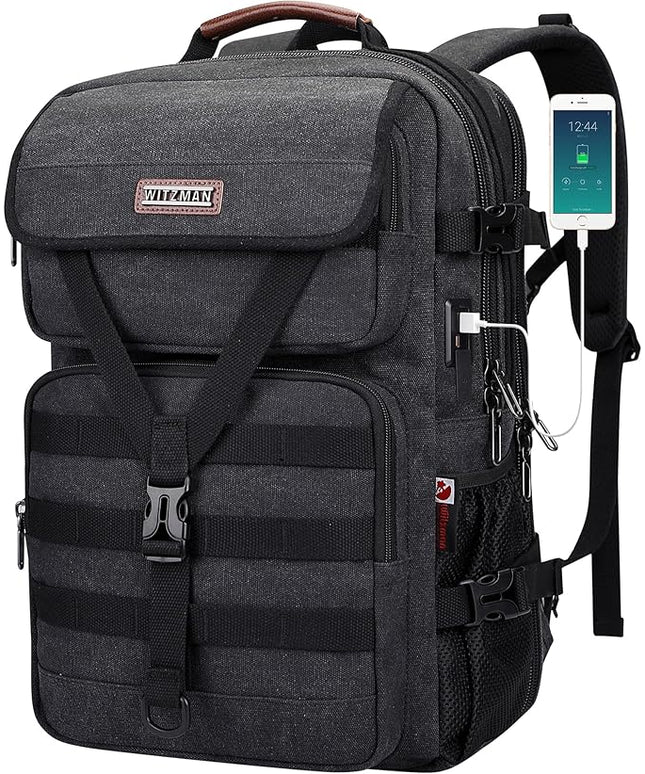 WITZMAN Travel Backpack for Men Large Canvas Laptop Backpack Fit 16 inch Carry on TSA Friendly Flight Approved Vintage Rucksack for Traveling(A8012 Black)
