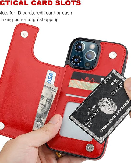 ONETOP Compatible with iPhone 13 Pro Max Wallet Case with Card Holder,PU Leather Kickstand Card Slots Case, Double Magnetic Clasp and Durable Shockproof Cover 6.7 Inch(Red)