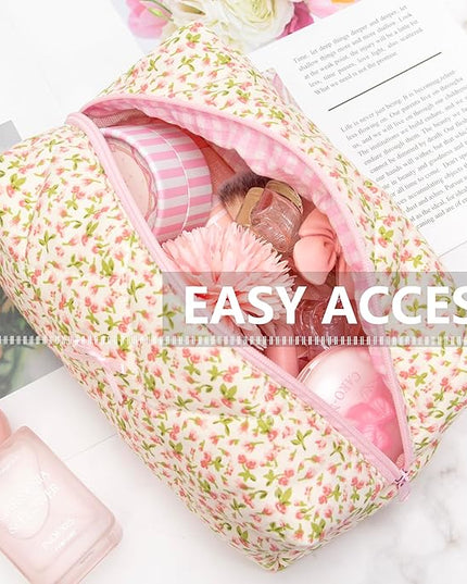 Cozy Makeup Bag Travel Cosmetic Bag for Women Soft Toiletry Bag Aesthetic Makeup Organizer Portable Large Zipper Pouch for Skincare Beauty Accessories Brushes Floral Pink