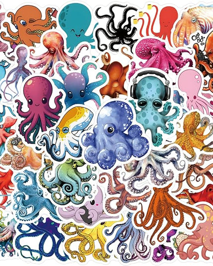 55 Pcs Octopus Stickers Pack for Kids Teens Adults, Oceans Theme Stickers Waterproof Vinyl Stickers and Decals for Water Bottles Skateboard Car Bike Phone Case Laptop