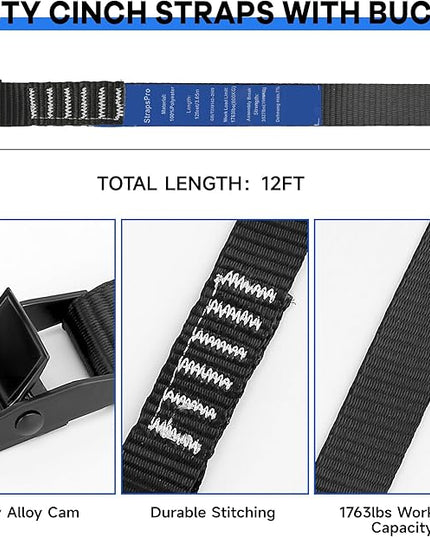 Lashing Straps, 12ft x 1 Inch Wide Cinch Strap with Buckles Adjustable Cam Straps, 1763lbs Heavy Duty Quick Pull Release Utility Nylon Black Cargo Tie Down Straps for Kayak Trucks Trailer Box, 12 Pack