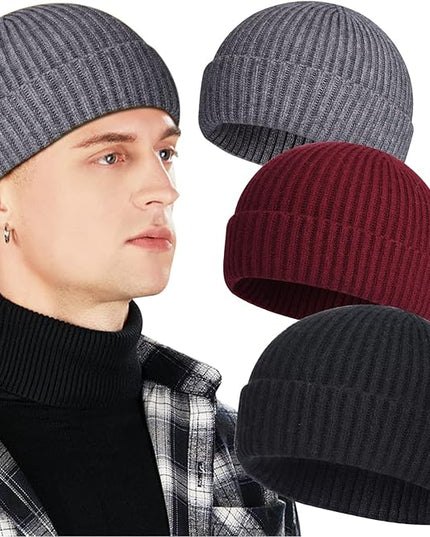 3 Pack Wool Fisherman Beanies for Men, Short Knit Watch Cap Cuffed Trawler Hats