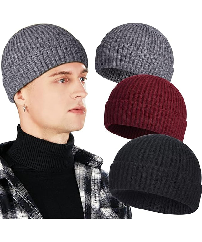 3 Pack Wool Fisherman Beanies for Men, Short Knit Watch Cap Cuffed Trawler Hats