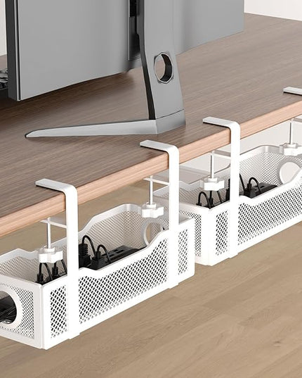 2 Pack Under Desk Cable Management Box White, Cinati 26.8" Wire Organizers No Drill, Cord Organization Tray with Clamp for Office, Home - No Damage to Desk
