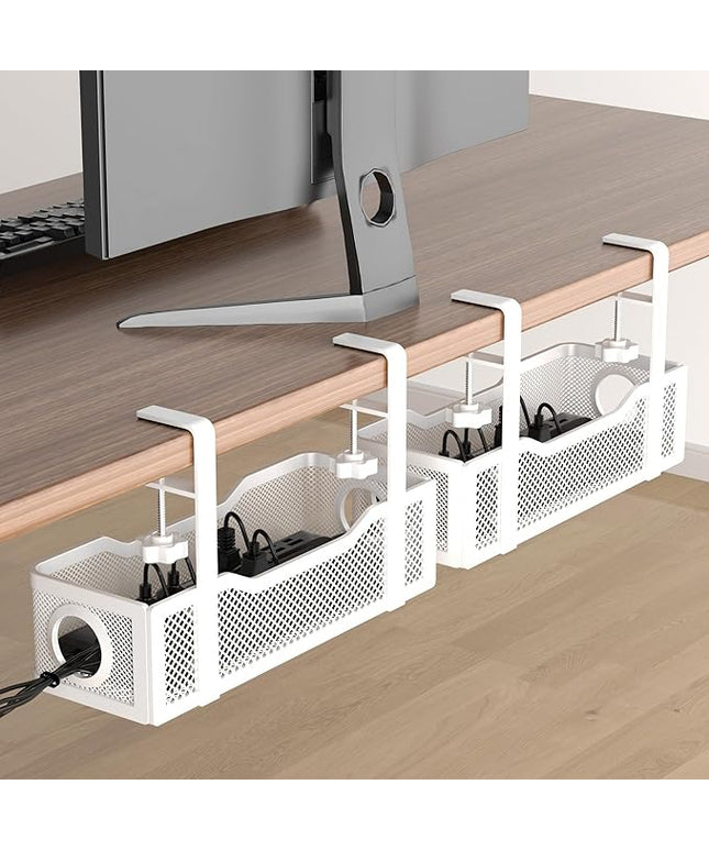 2 Pack Under Desk Cable Management Box White, Cinati 26.8" Wire Organizers No Drill, Cord Organization Tray with Clamp for Office, Home - No Damage to Desk