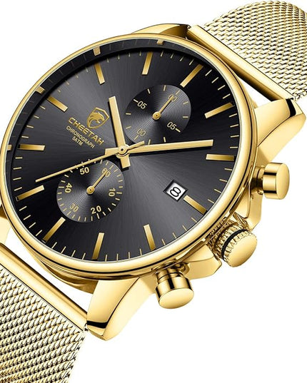 GOLDEN HOUR Mens Watch Fashion Sleek Minimalist Quartz Analog Mesh Stainless Steel Waterproof Chronograph Watches for Men with Auto Date