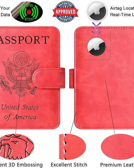 Airtag Passport Holder Cover Wallet Travel Essentials Leather Rfid Blocking Case Vacation Luggage Must Haves Travel Accessories for Men Women (117#Red)