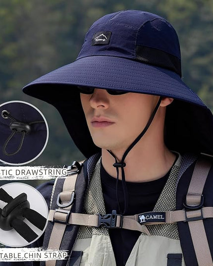 Rosoz Outdoor Sun Hat for Men Women, UPF50+ Protection Safari Cap Wide Brim Mesh Fishing Hat with Neck Flap Beach Garden