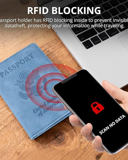 Passport Holder for Travel Essentials,RFID Blocking Passport Cover Wallet Card Case for Women and Men (Blue)