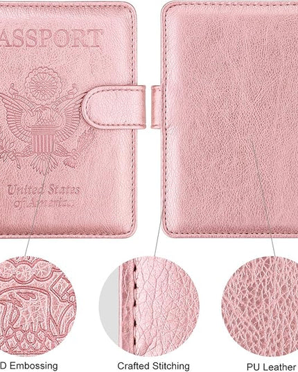 WALNEW Passport Holder for Travel, RFID Passport Cover Wallet for Women Men, PU Leather Passport Book Card Holder Case with Pen (Buckle Closure, Buckle-Rosegold)