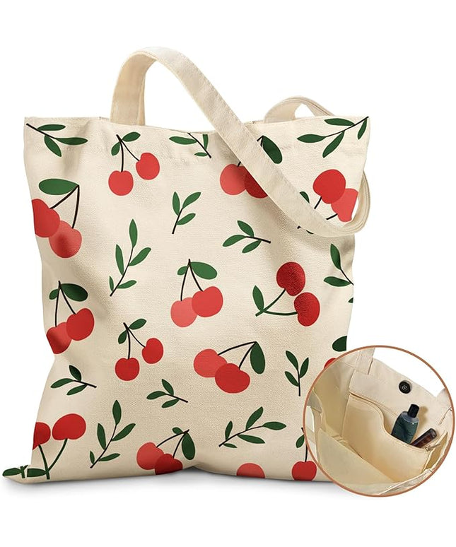 Aesthetic Tote Bag for Girls - with Magnetic Buckle and Zipper Inner Pocket for Women Lady Canvas Cotton Tote Bag