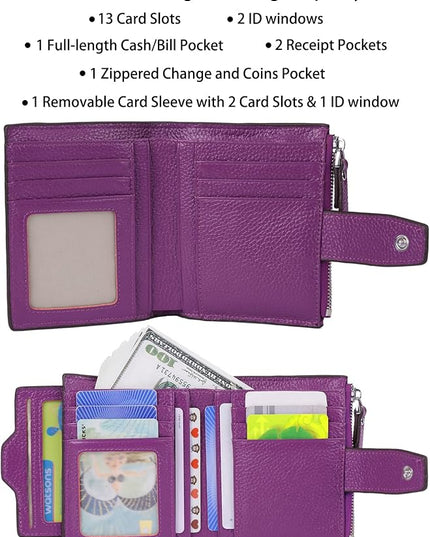 AINIMOER Women's RFID Blocking Leather Small Compact Bi-fold Zipper Pocket Wallet Card Case Purse with id Window