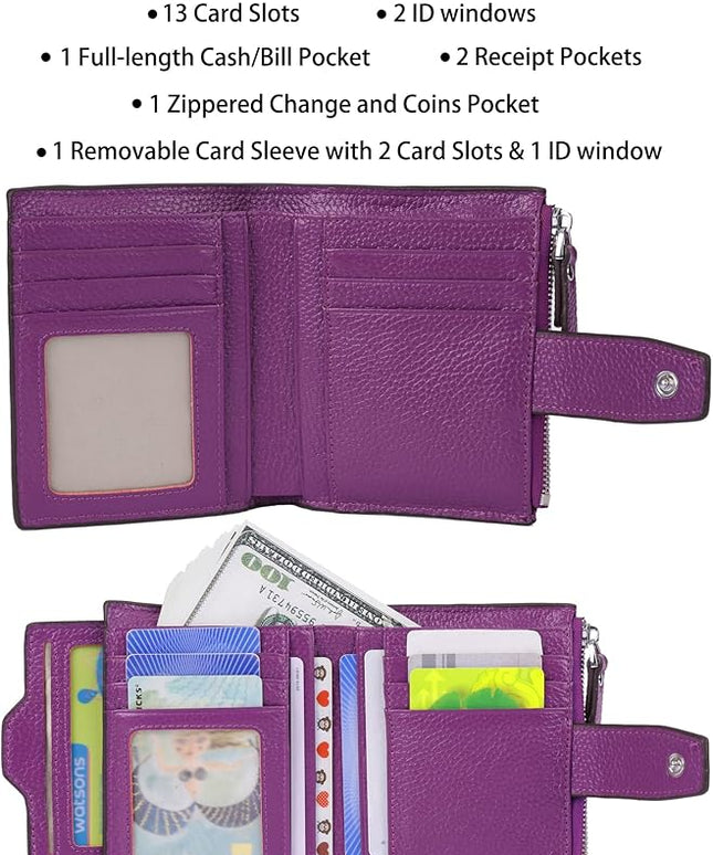 AINIMOER Women's RFID Blocking Leather Small Compact Bi-fold Zipper Pocket Wallet Card Case Purse with id Window