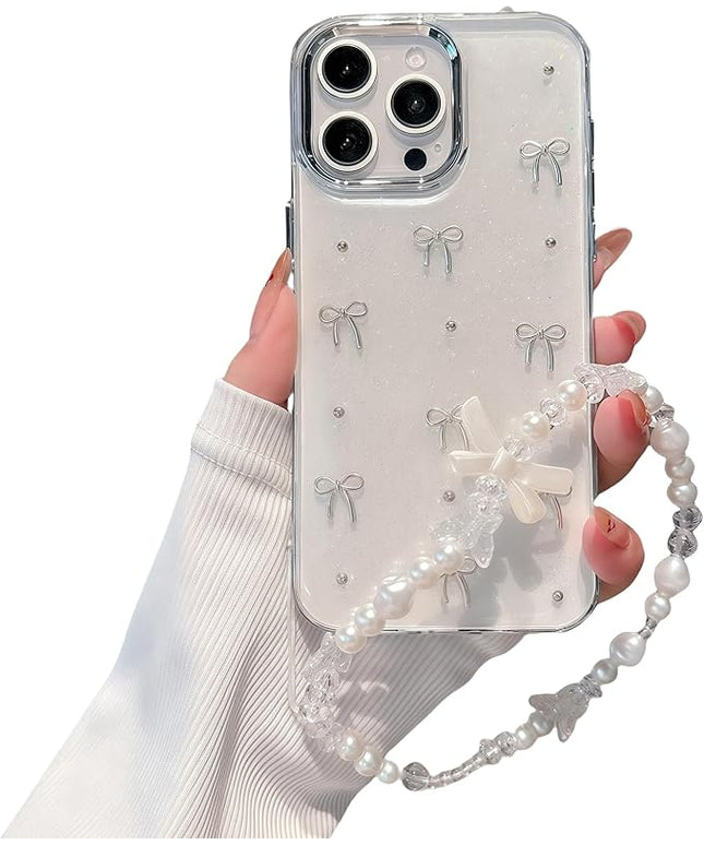 for iPhone 13 Pro Case, [Premium 3D Silver Bow Pattern] [Transparent Creative Case] [2-in-1 Beaded Wrist Strap] Soft TPU Shockproof for Women and Girl