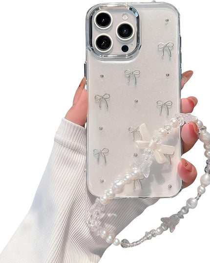 for iPhone 11 Pro Max Case, [Premium 3D Silver Bow Pattern] [Transparent Creative Case] [2-in-1 Beaded Wrist Strap] Soft TPU Shockproof for Women and Girl