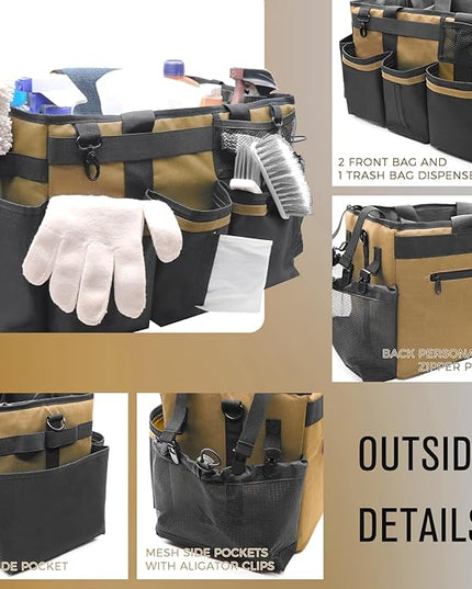 Wearable Cleaning Caddy Organizer with Handle & Shoulder Straps for Housekeepers, Under Sink & Car Cleaning Tool Organizer Bag with 4 Foldable Dividers (Tan)