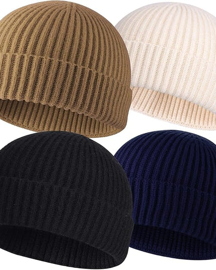 ROYBENS 4 Pack Wool Fisherman Beanies for Men, Knit Short Watch Cap Winter Warm Hats