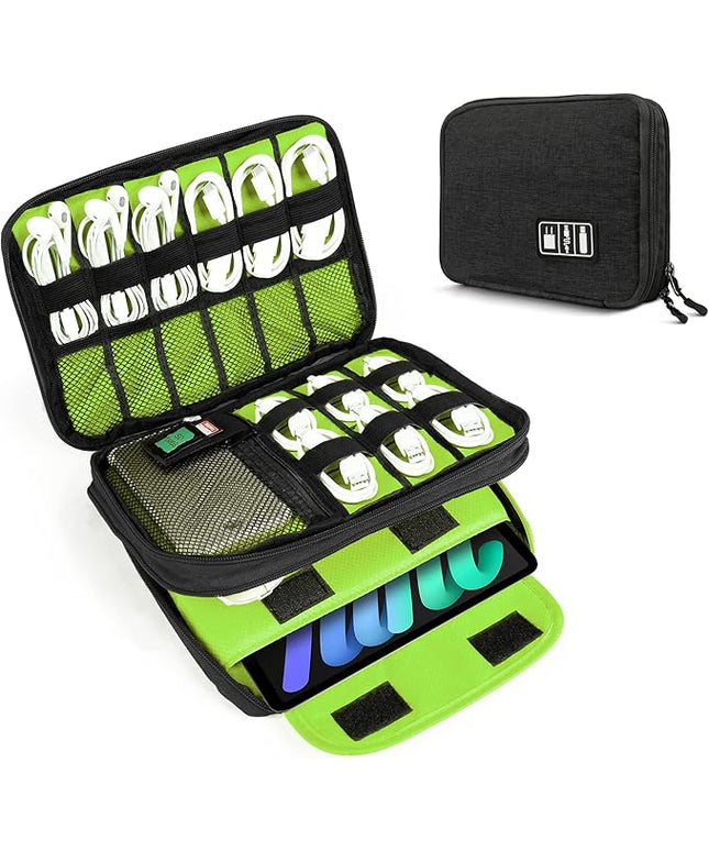 Luxtude Double Layer Cable Organizer Bag, Portable Cord Storage Case, Flat Electronic Organizer Travel Case, Portable Tech Bag for Cable/Cord Storage/iPad (up to 7.9")/Wall Charger/Electronics