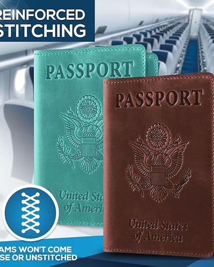 Ciana Passport Holder for Travel – PU Leather Passport Cover and Card Holder for Men & Women – Slim Passport Holder with Card Protector Slot, Travel Must Haves (Brown and Turquoise)