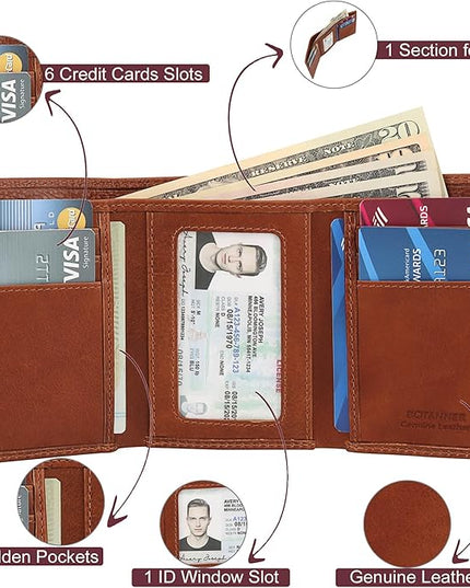 BOTANNER Genuine Leather Mens Trifold Wallet RFID Blocking with 6 Credit Card Slots 1 ID Window Section for Bills 2 Hidden Pockets | Tan