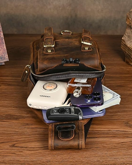 Genuine Leather Hiking Travel DayPack Sling Crossbody Triangle Chest Pack Bag For Men Women 8241